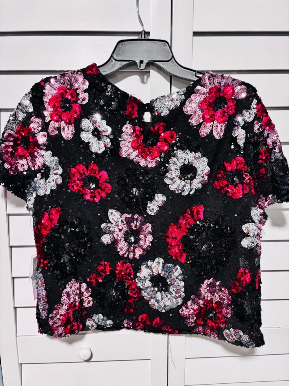 Sequin Floral Crop Top in Black with Pink & Red Accents
